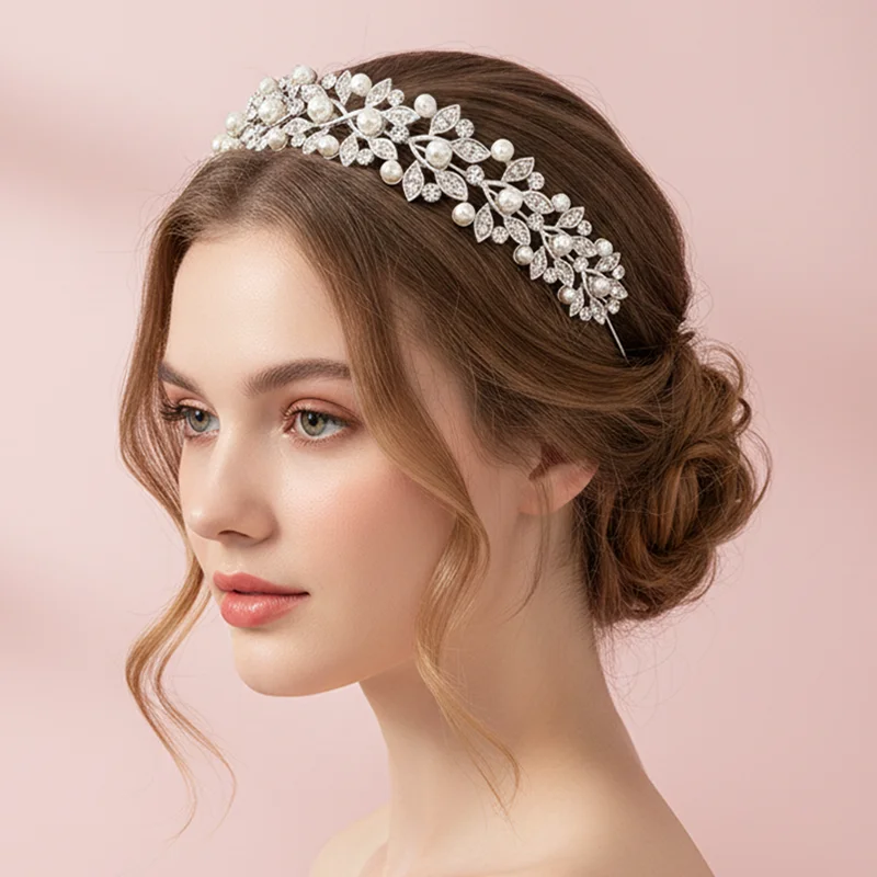 Silver Rhinestone Hair Crown with Ivory Pearl Vintage Crystal Bridal Wedding Tiara Bride Headpiece Crowns Mom-Daughter Headband