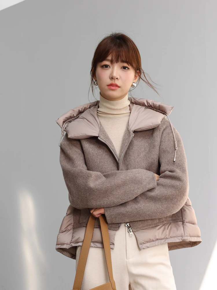 

Ele Double-Sided Woolen down Jaet with Hood 90 White Goose down Women's Faion Outerwear for Autumn Winter New Arrival