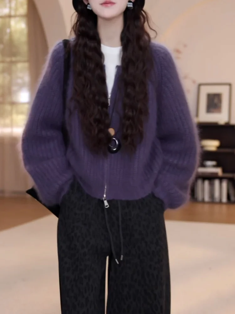 

Мягкий фиолетовый вязаный джемпер с круглым вырезом в корейском стиле, женская одежда больших размеров, ретро-топ для осеннего сезона