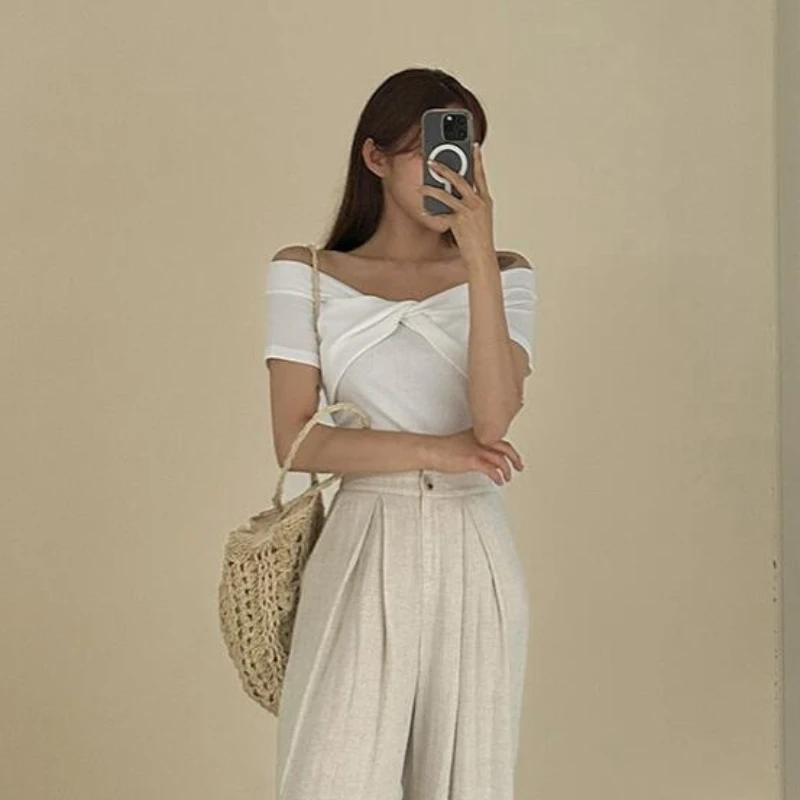 2025 Off Shoulder Sexy Shirt Women T-Shirt Short Sleeve Korean Style Slim Basic Elasticity Top Womens Cropped T Shirt Femme image 5