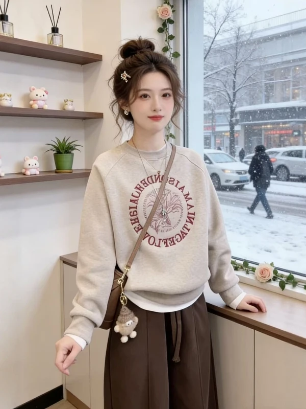 

Oaeal Printed round Ne Sweatirt Women's plus Size Loose Fit Long Sve Fce Lined Inner Wear Spring 2026 New Arrival