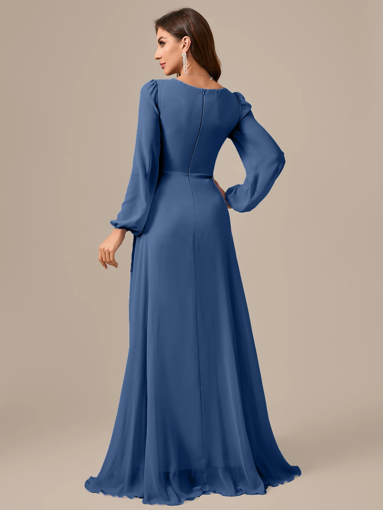 Sukienka wizytowa UNITHORSE z dekoltem w serek, długim rękawem, marszczeniem z przodu, z liliowego szyfonu, sukienka dla druhny, sukienka dla panny młodej