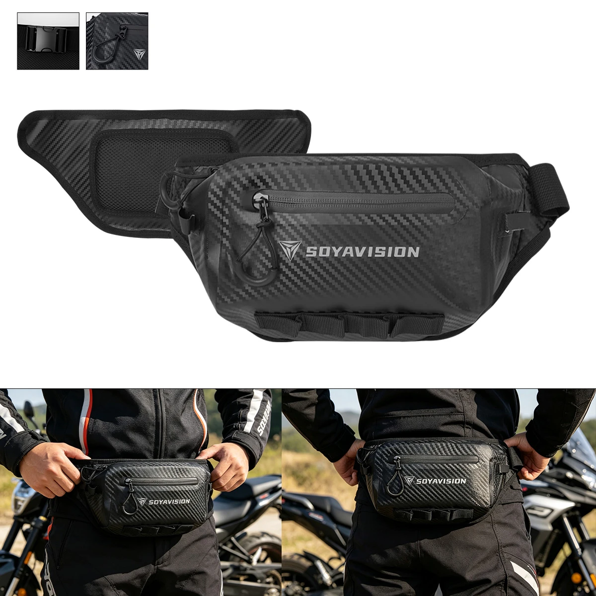 Motorcycle Fanny Pack, Hard Shell Carbon Fiber Pattern Crossbody Sling Bag, Wear‑Resistant Lightweight Waist Pouch for Motorbike