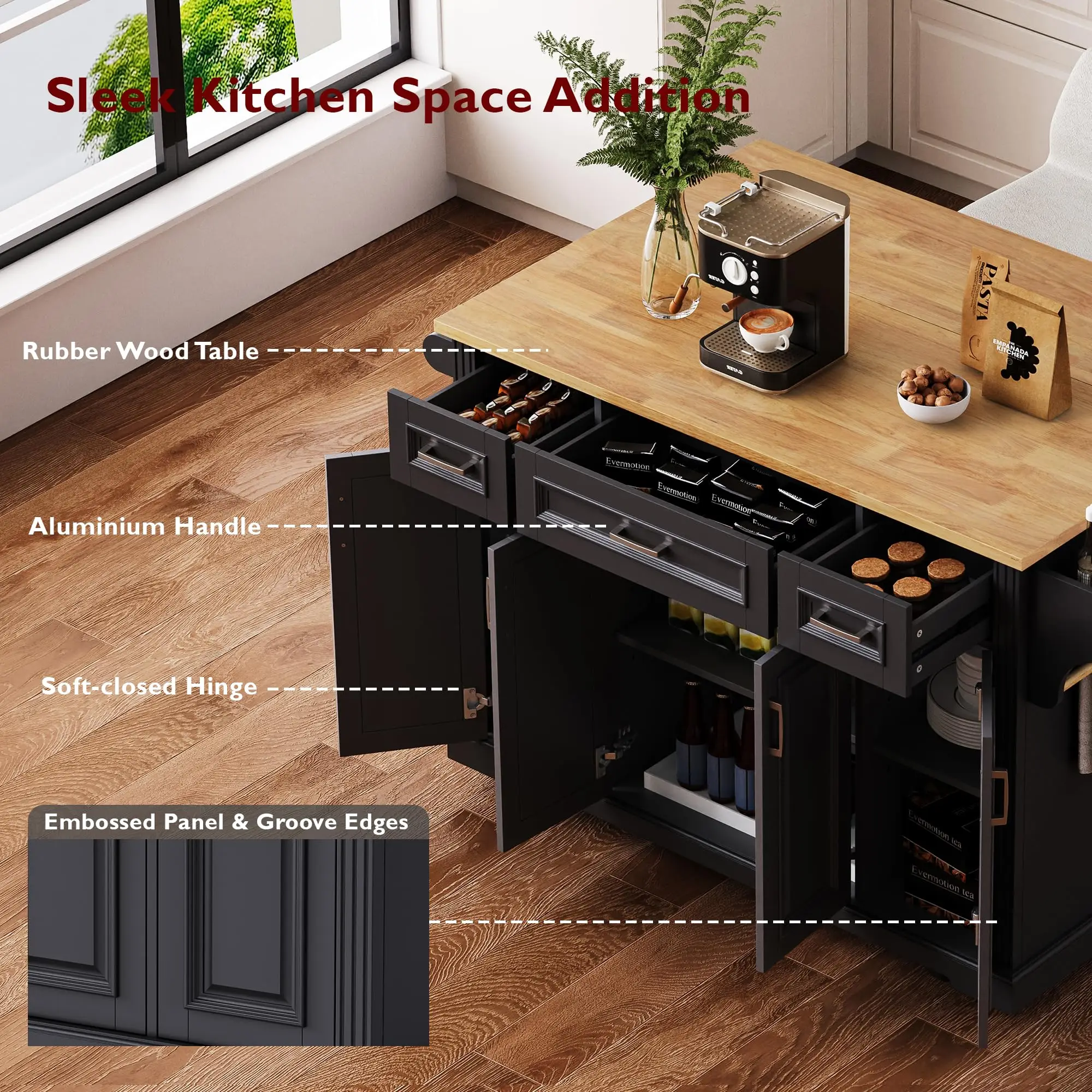 Rolling Kitchen Island with 2 Bar Stools, Drop Leaf, 4 Cabinet Doors, 3 Drawers & Side Storage Racks, Mobile Kitchen