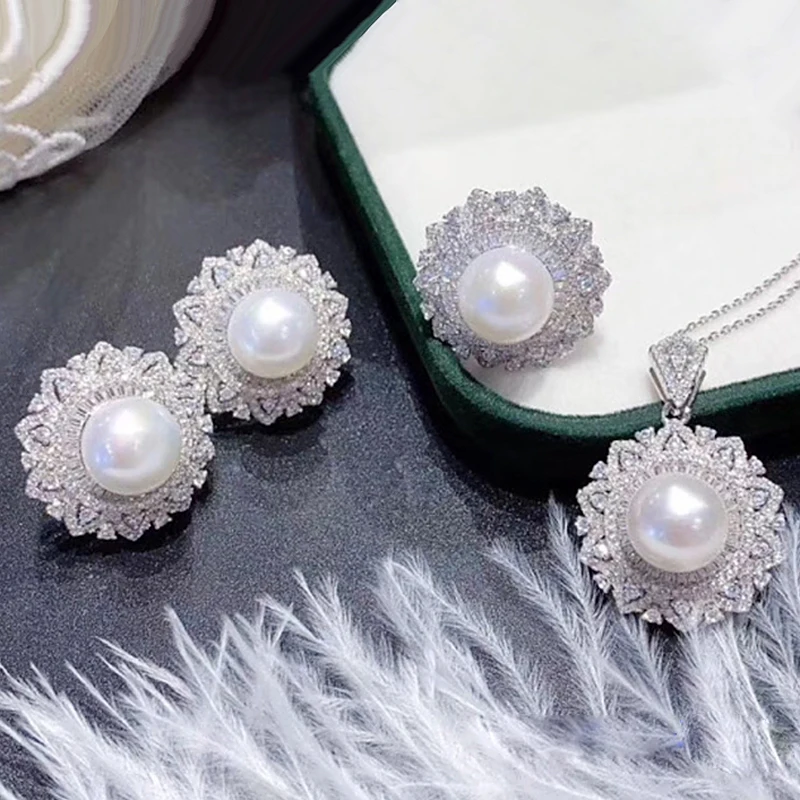 MeiBaPJ 10-11mm 925 Silver Natural White Pearl Fashion Flower Jewelry Set Pendant Earrings Ring Fine Wedding Jewelry for Women