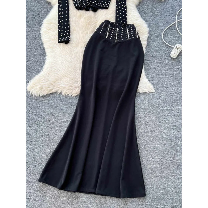 

Elegant Sister Style High-End Beaded Slim Fit Long Sleeve T-Shirt Top Women High Waist Rhinestone Bodycon Skirt Set