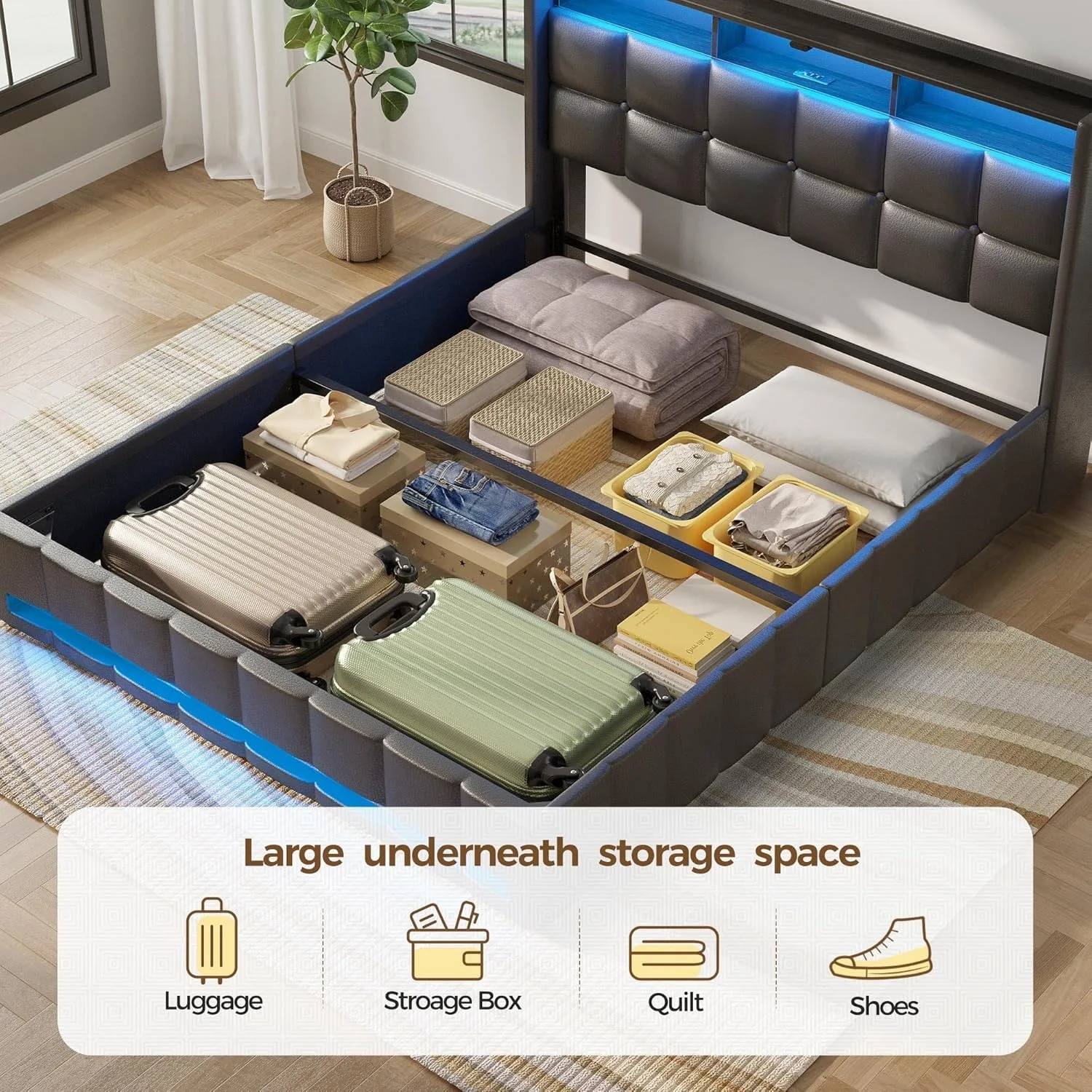Bed Frame Twin Size with Lift Up Storage, Charging Station & LED Lights, Upholstered Storage Headboard, Heavy Duty Wooden Slats image 4