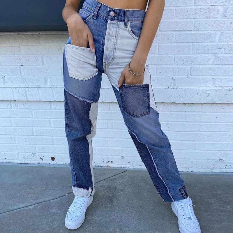 Blue Patched Straight Jeans For Girls Female Vogue Women Tassel Vintage Denim Pants NiceHigh Waisted Trouser Streetwear