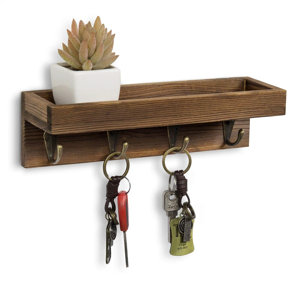 Wooden Key Holder for Wall With Hooks Entryway Decor Rustic Floating Shelf with 4 Metal Key Hooks Hanging Leash Sunglasses Keys