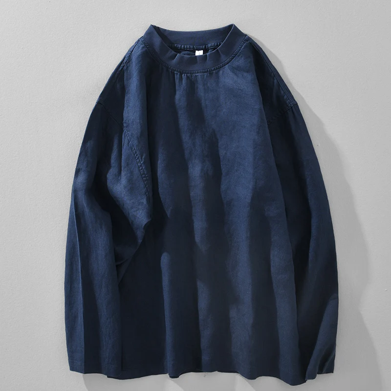 

Мужская льняная футболка с длинным рукавом, повседневная, свободного кроя, с круглым вырезом, для ношения под одеждой, весна-осень, новинка, в гонконгском стиле