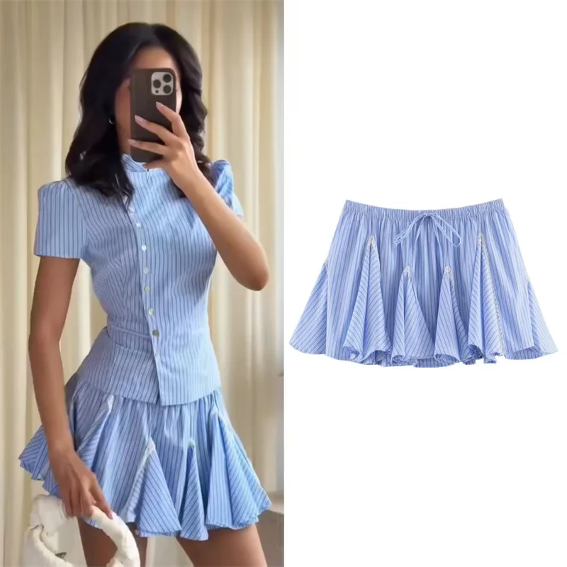 Guobioziy Women's Mini Skirt 2026 Summer New Blue Striped Lace Sexy Patchwork Mini Skirt Lively and Cute, Trendy and Stylish