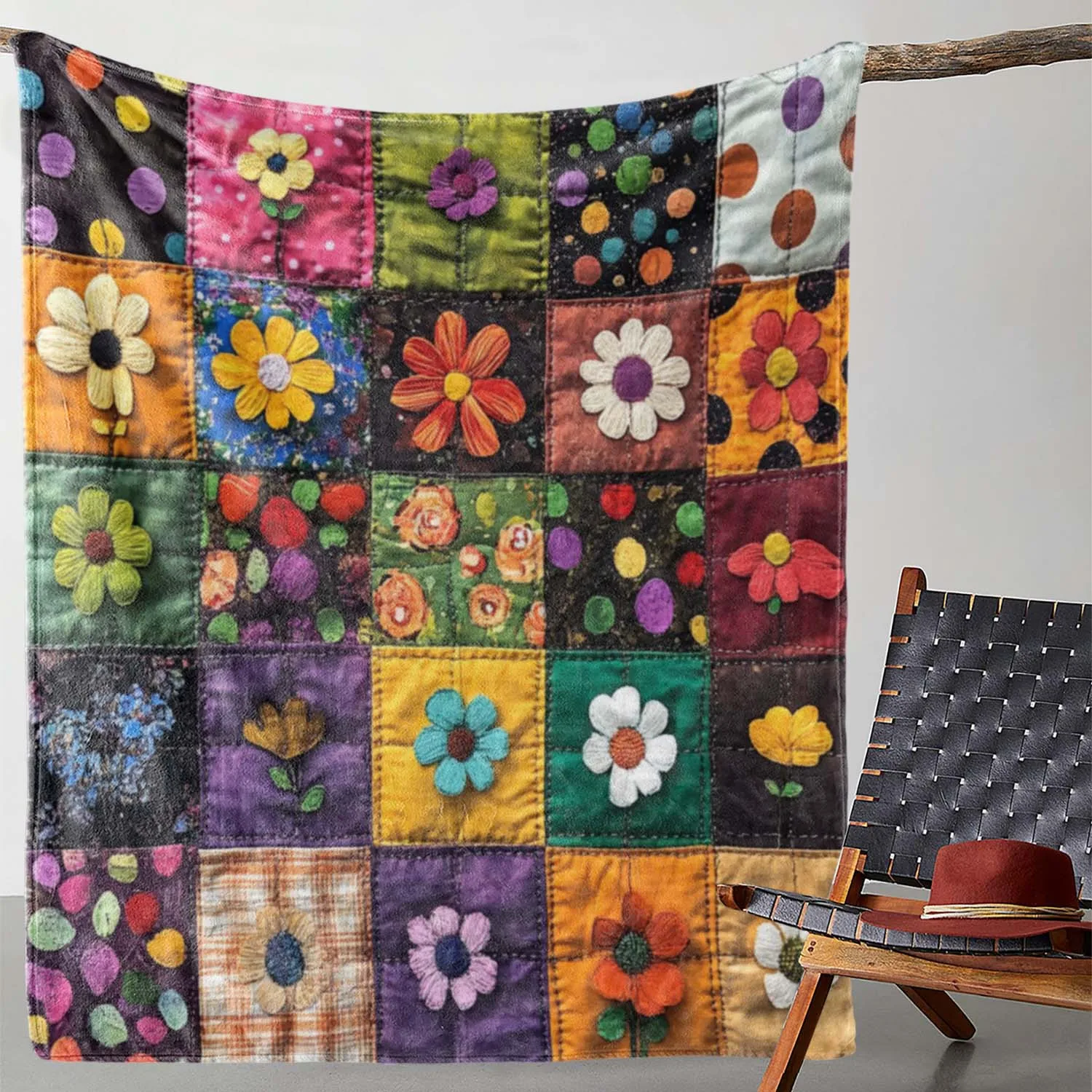 1pc Baby flannel blanket, retro flower color blocked children's room cover blanket, adult and child use warm blanket