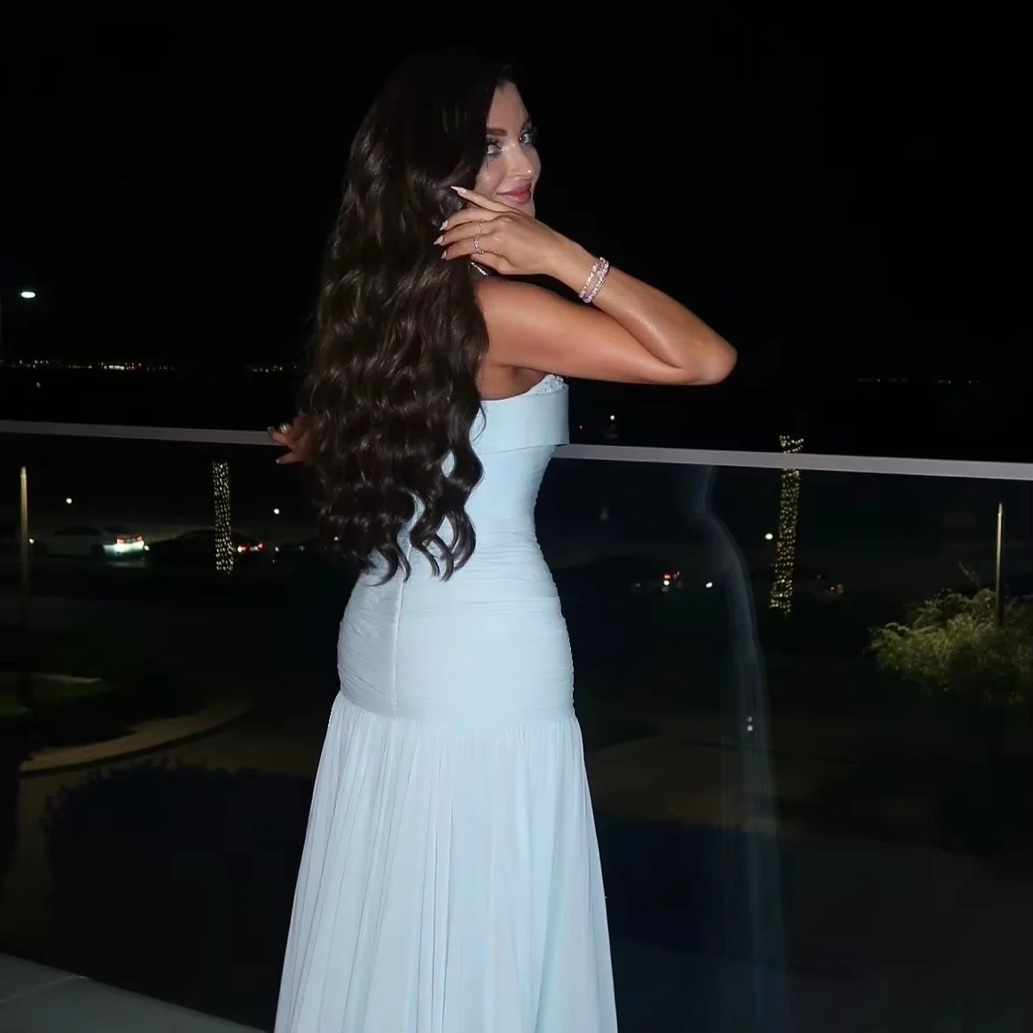 Women Light Blue Strapless Evening Dresses Beaded Sweetheart Neck Ruched Tulle Mermaid Formal Wedding Guest Party Dresses