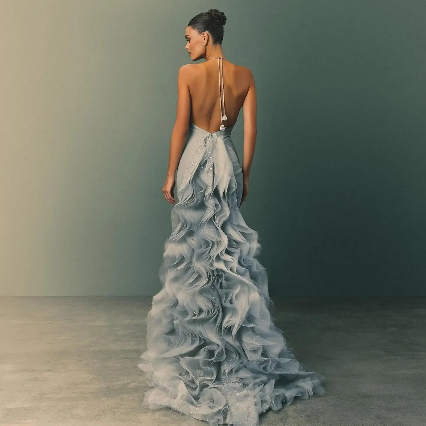 Elegant Halter Ruffle Hem Mermaid Evening Dress Lace up Backless rhinestone Sweep Train Formal Cocktail Prom Party Vestidos