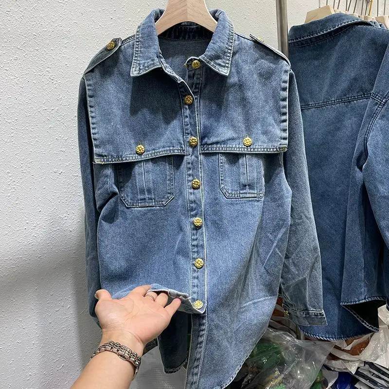 Denim Shirt Women\'s 2022 Spring New Korean Fashion Button Versatile Top Trend