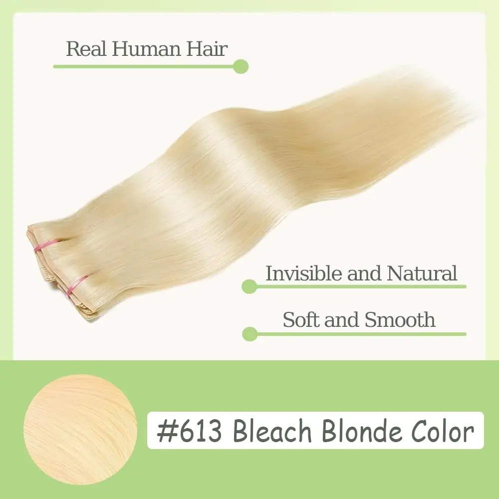 24 Inch #613 Blonde Clip in Hair Extensions,Soft Real Human Hair 8pcs,Brazilian Remy Blonde Clip for Women,#613 Straight Clip Silky Hair Extensions