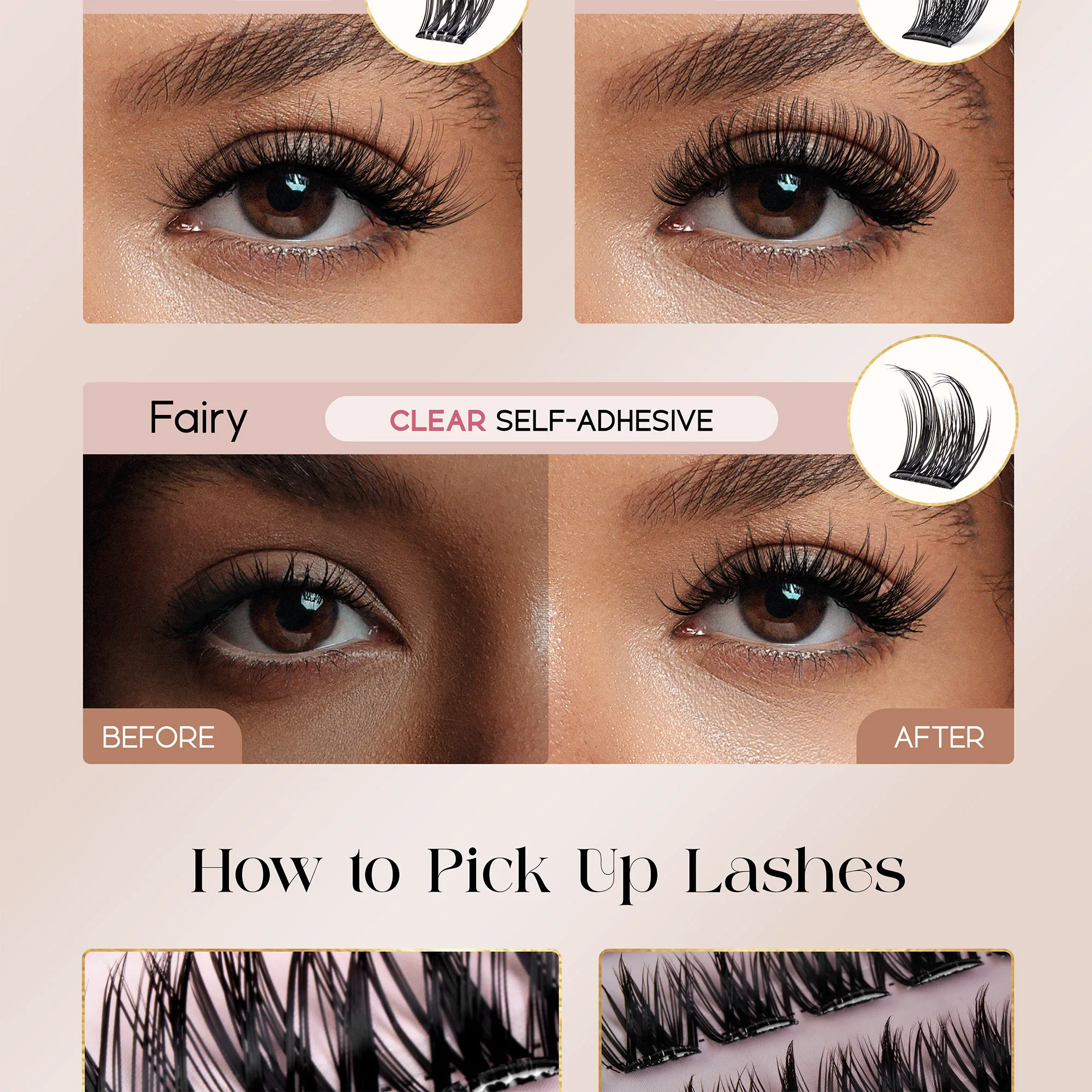 Befer Selbstklebende Wimpernbüschel, transparent, vorgeklebt, 150 Stück, Manga-Natürliches Make-up, flauschige falsche Wimpern, Lieferant – Detail 5