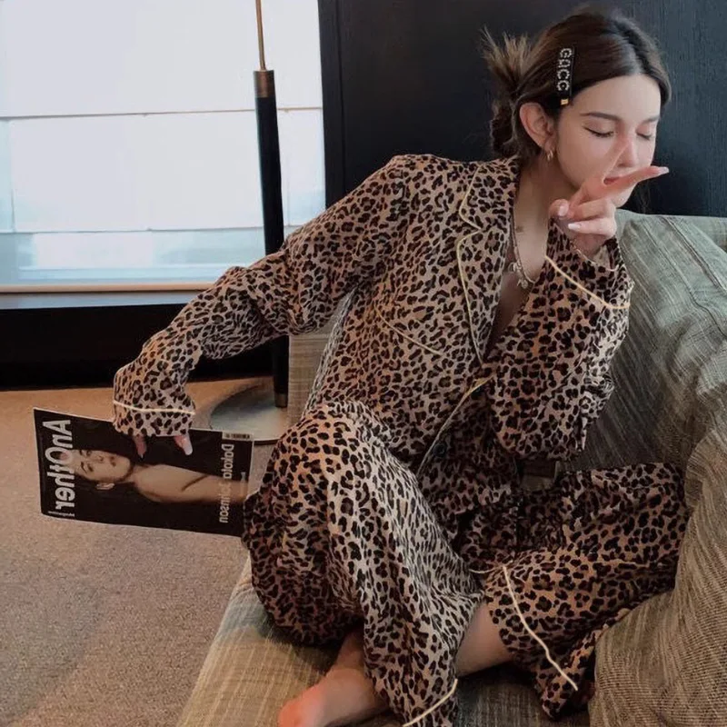 New Fashion Leopard Print Pajamas Women\'s Spring Long-sleeved Cardigan Europe and The United States Sexy Home Suit Ins Sleepwear