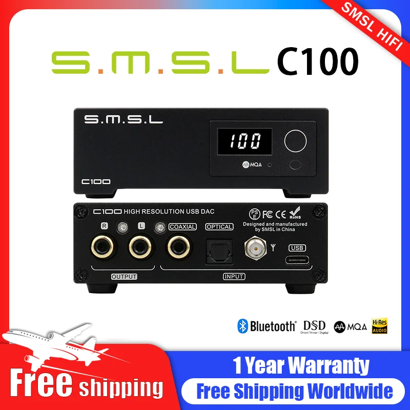 

SMSL C100 MQA DAC AK4493S XMOS XU316 DSD512 CK-03 Clock 32Bit 768KHZ USB Optical Coaxial Bluetooth Decoder With Remote Control