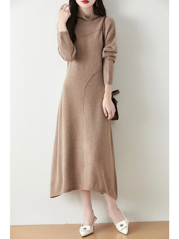 Women's Pure Wool Knitted Long Dress, Half Turtleneck, Irregular, Elegant, Casual, Fashionable, Sweater, 2024 Autumn/Winter