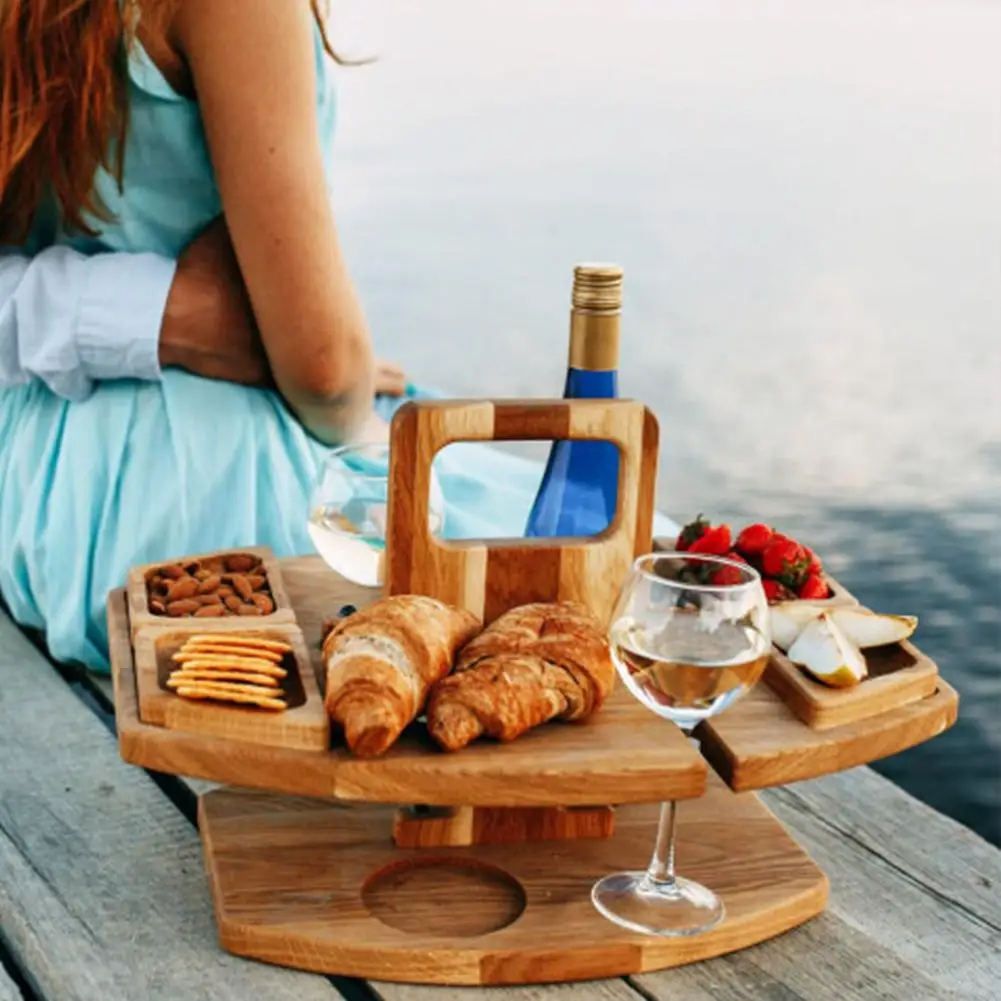 Outdoor Folding Wine Table Removable Wine Glass Holder Folding Table Fruit Snack Tray Portable Wooden Picnic Table Carry Handle