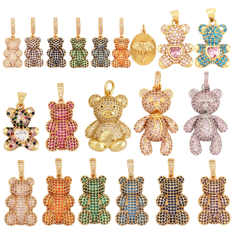 Luxury Fine Inlaid Rainbow Cubic Zirconia Charm Pendant,Cute Bear Jewelry Necklace Bracelet Making Wholesale Supplies M85