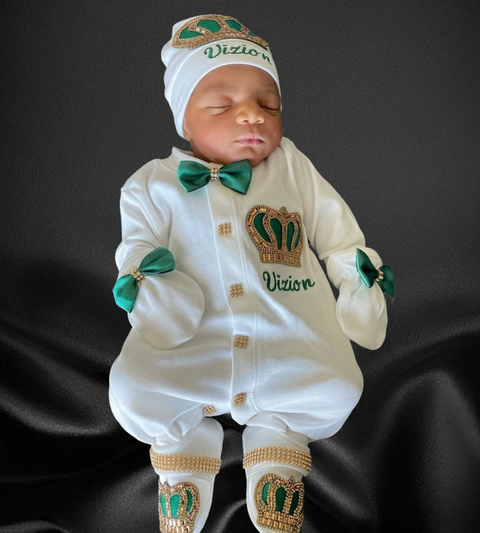 Dollbling Emerald Newborn Baby Boy Personalized Name Outfits 4pcs Origin Turkey Welcome Home Hospital Crown Jewelry Romper Set