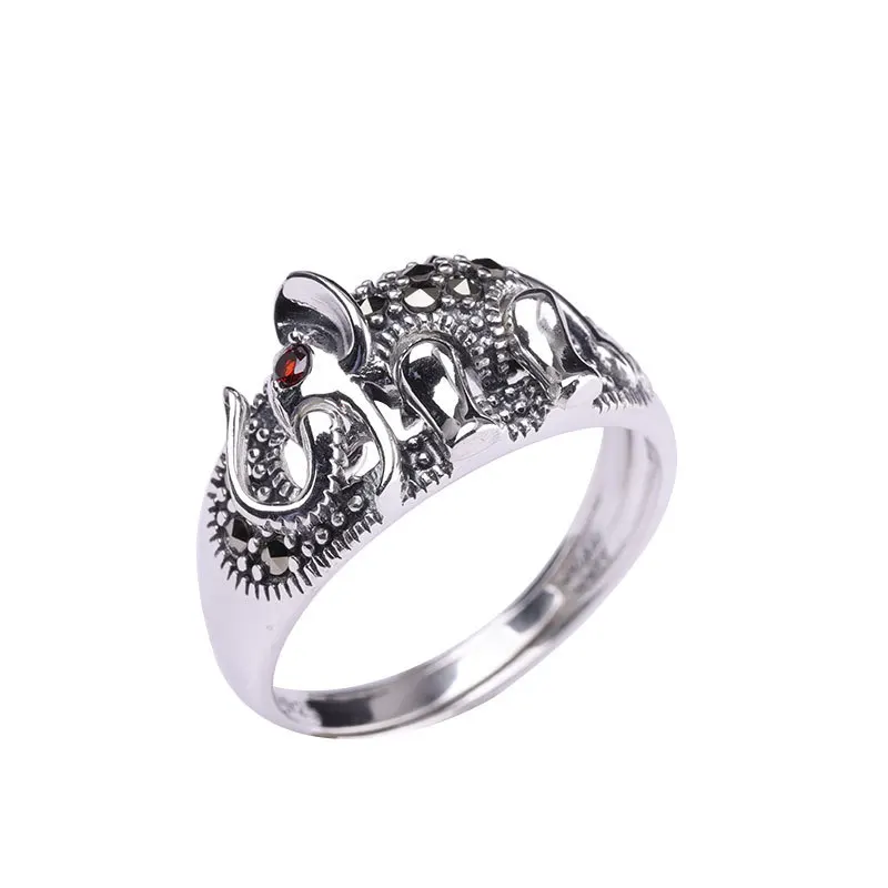 BOCAI S925 Pure Silver Rings for Women Retro Fashion Personality Elephant Pattern Red Zircon Micro Marcasite Fine Jewelry