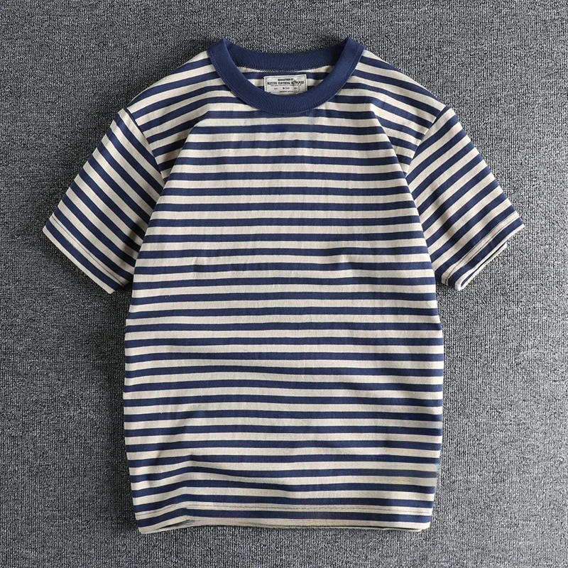 Camiseta de Algodón a Rayas Estilo Marinero Retro de Hong Kong Ameikaji para Hombre, Camisa de Manga Corta de Verano, Estilo ...