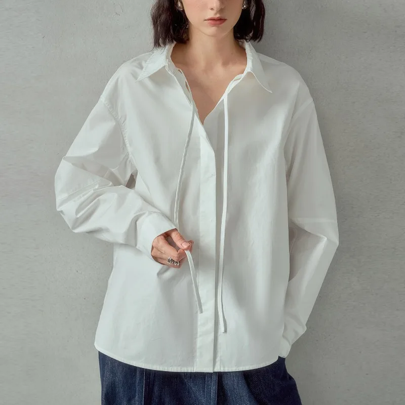 

Рубашки с длинными рукавами из 100% хлопка с отложным воротником, женские однобортные топы белого, серого цвета, повседневная свободная модная женская блузка