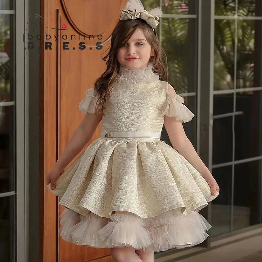 Lovely Flower Girl Dresses for Wedding High-Neck Ruffles Knee Length First Communion Kids Birthday Party Gown Party Dress