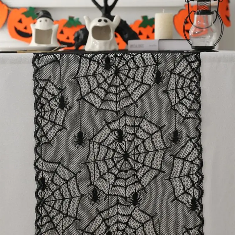 Black Lace Halloweens Table Polyester Fabric Party Decoration Wrinkle Resistant Machine Washable Designs A2BB