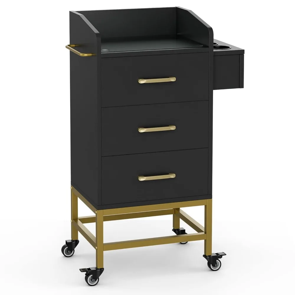 

Beauty Salon Storage Cart, Glass Top Hair Salon Cabinet with Hair Dryer Holder, Lockable Rollers, Drawers, Black