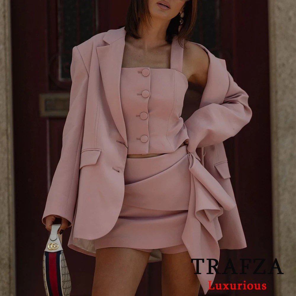 TRAFZA Vintage Pink 3 Pieces Women Suits Long Sleeve Buttons Pockets Loose Blazer+Short Slim Tops Women+Bow Tie Mini Shorts Sets