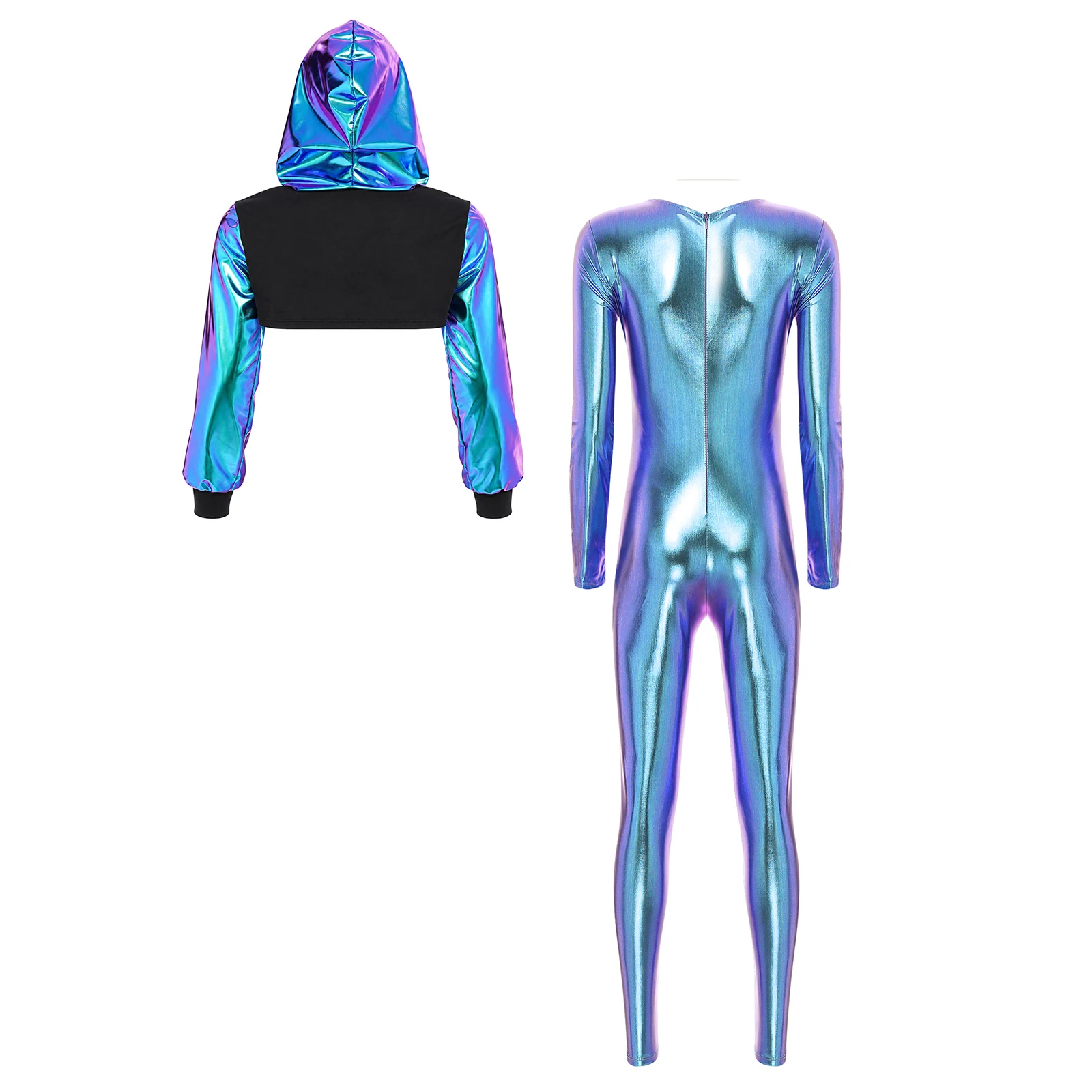 Womens Long Sleeve Slim Fit Full Body Metallic Jumpsuit Romper with Cropped Hoodie for Nightclub Party Dance Stage Performance