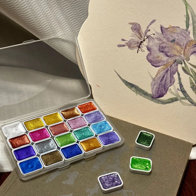 

Metallic Pearl Watercolor Painting Set 20 Colors - Portable Box Glittering Solid Pigments Essential Art Supplies for Artists