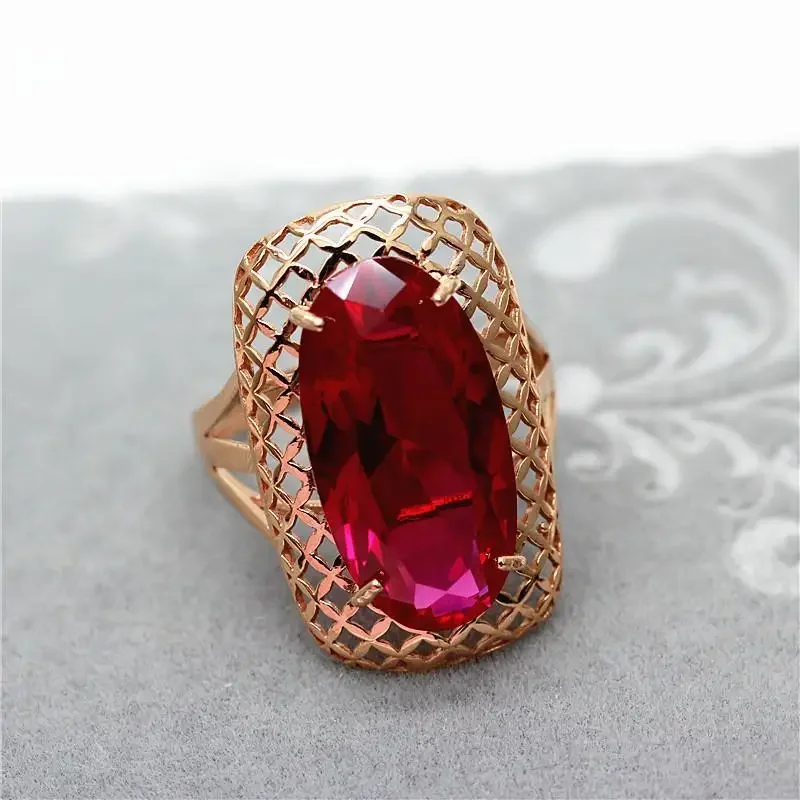 585 purple Golden 14K rose Golden classic oval ruby rings for women square hollow craft exaggerated luxury wedding jewelry