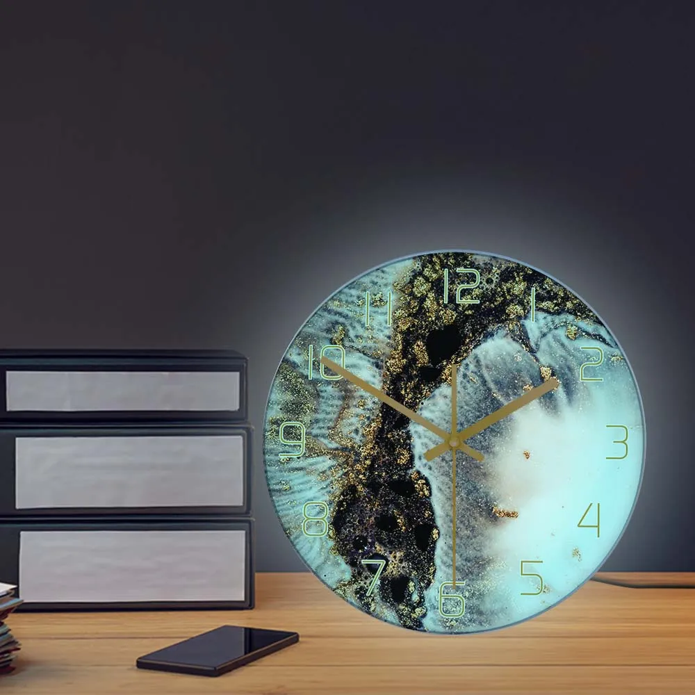 Marble Coral Colors Golden Powder LED Backlit Printed Wall Clock For Bedroom Glitter Texture Nordic Luxury Home Decor Wall Watch