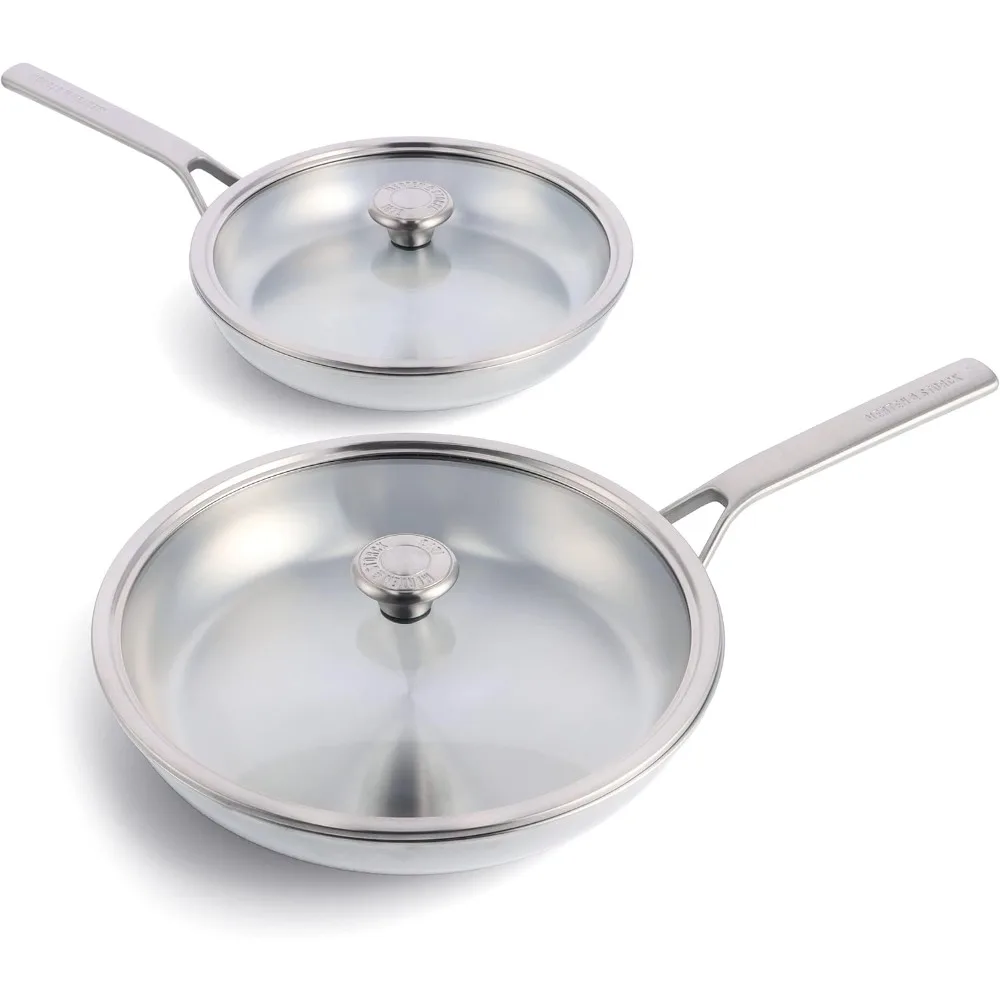 

Tri-Ply Stainless Steel 10" & 12" Frying Pan Skillet Set with Glass Lids, Professional Cooking, Multi Clad