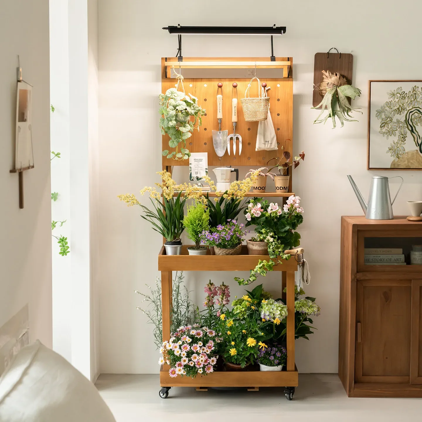 Solid wood green plant flower pot display stand against the wall floor rack household balcony planting hole board movable cart