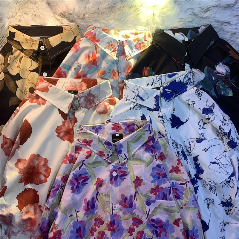 

Retro Hong Kong Sle Floral Print Long Sve Men's irt Couple's Casual Loose Fit Polyester Fiber Vintage Flavor