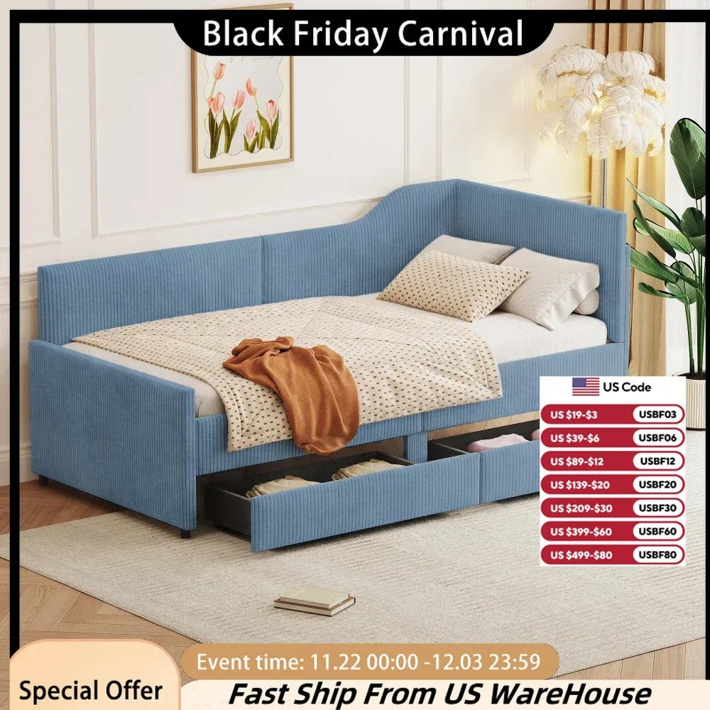 Twin Size Beds, L-Shaped Corduroy Daybed, Upholstered Bed Frame with 2 Storage Drawers, Beds for the Bedroom or Living Room