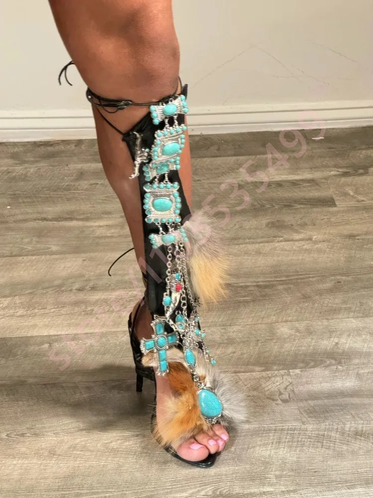 Sexy Women Turquoise Fur Wrap Sandals Summer New Fashion Luxury Catwalk Calf Boots 2025 Mixed Color Party Casual Open Stilettos view 2