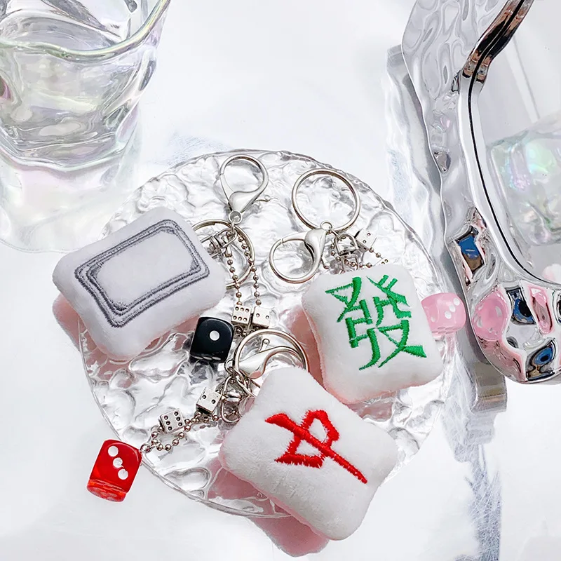 Creative Plush Mahjong Dice Keychain Ornament National Trend Pendant Bag Decoration Keyring Car Hanging Decoration Key Holder