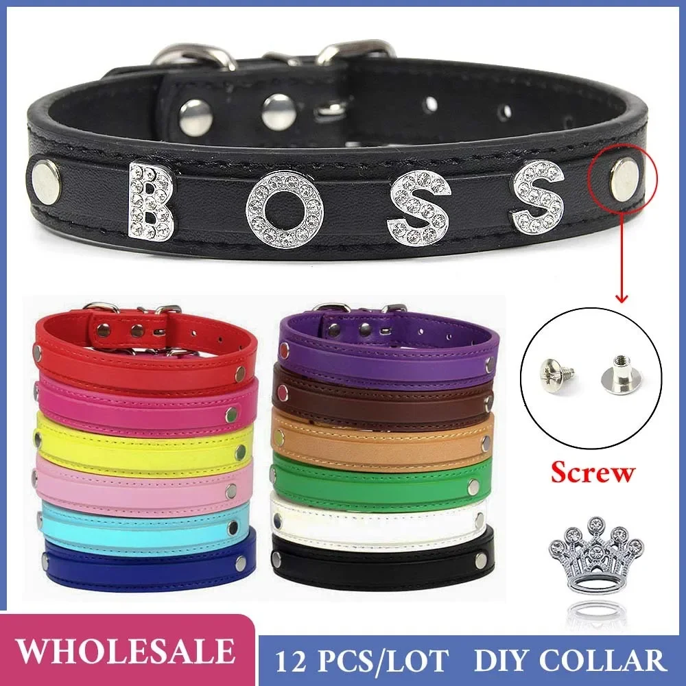 12 sztuk hurtownie zwykły PU skóra DIY nazwa ID obroża spersonalizowane litery Charms Puppy Cat smycz na szyje obroże dla średniej wielkości pies