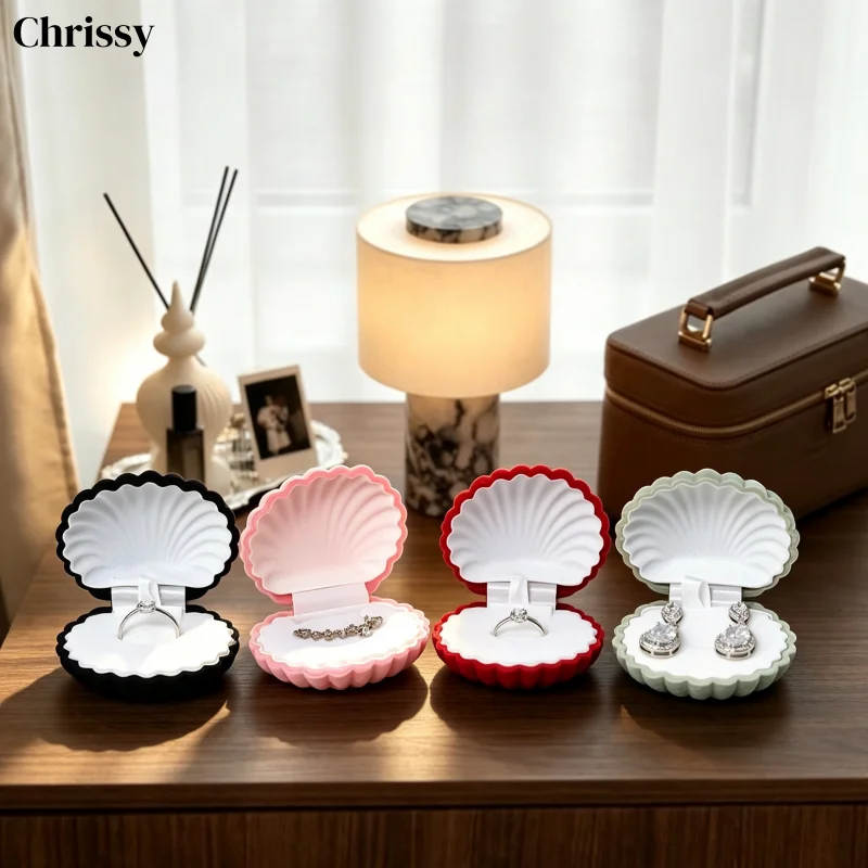 10pcs Velvet Shell Jewelry Box, Fashion Flip-Open Ring Case, High-End Organizer for Earring Pendant Necklace, Gift Box for Women