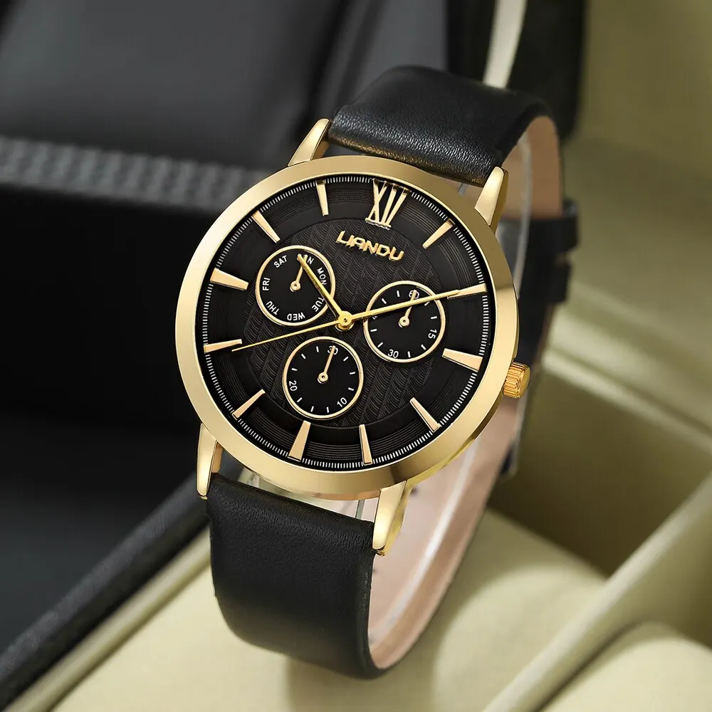 2pcs Black Leather Quartz Watch Bead Bracelet For Men Personality Round Watch Dial Watch Gold Lion Head Bead Bracelet Set