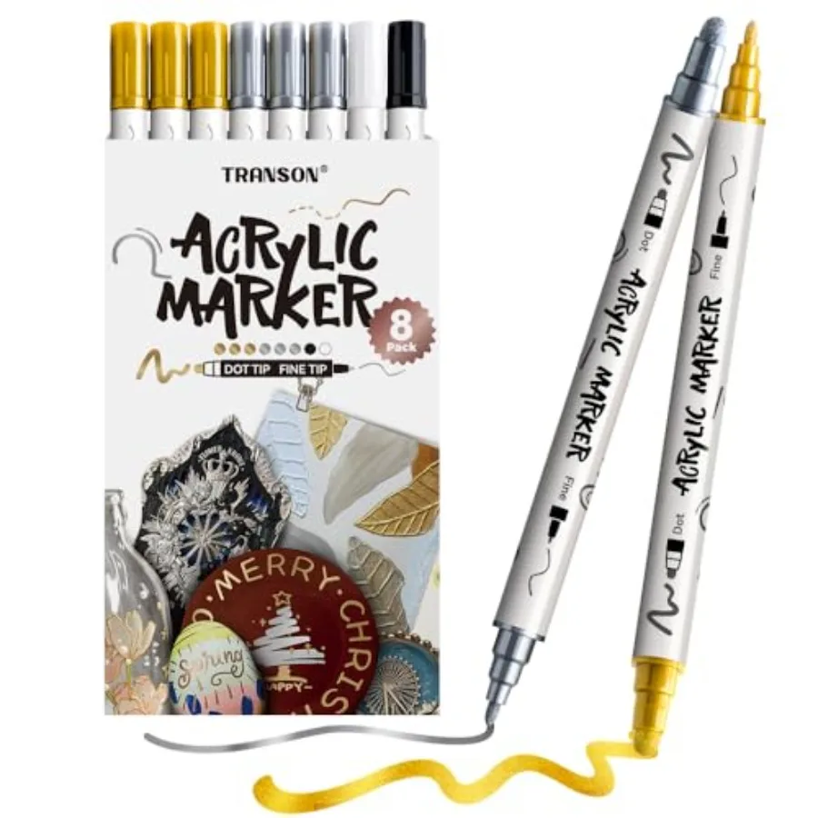 

3 Gold, 3 Silver, 1 Black 1 White Paint Markers Dual-tip Acrylic Paint Marker Set for Rock Painting Glass Canvas Wood Leather C