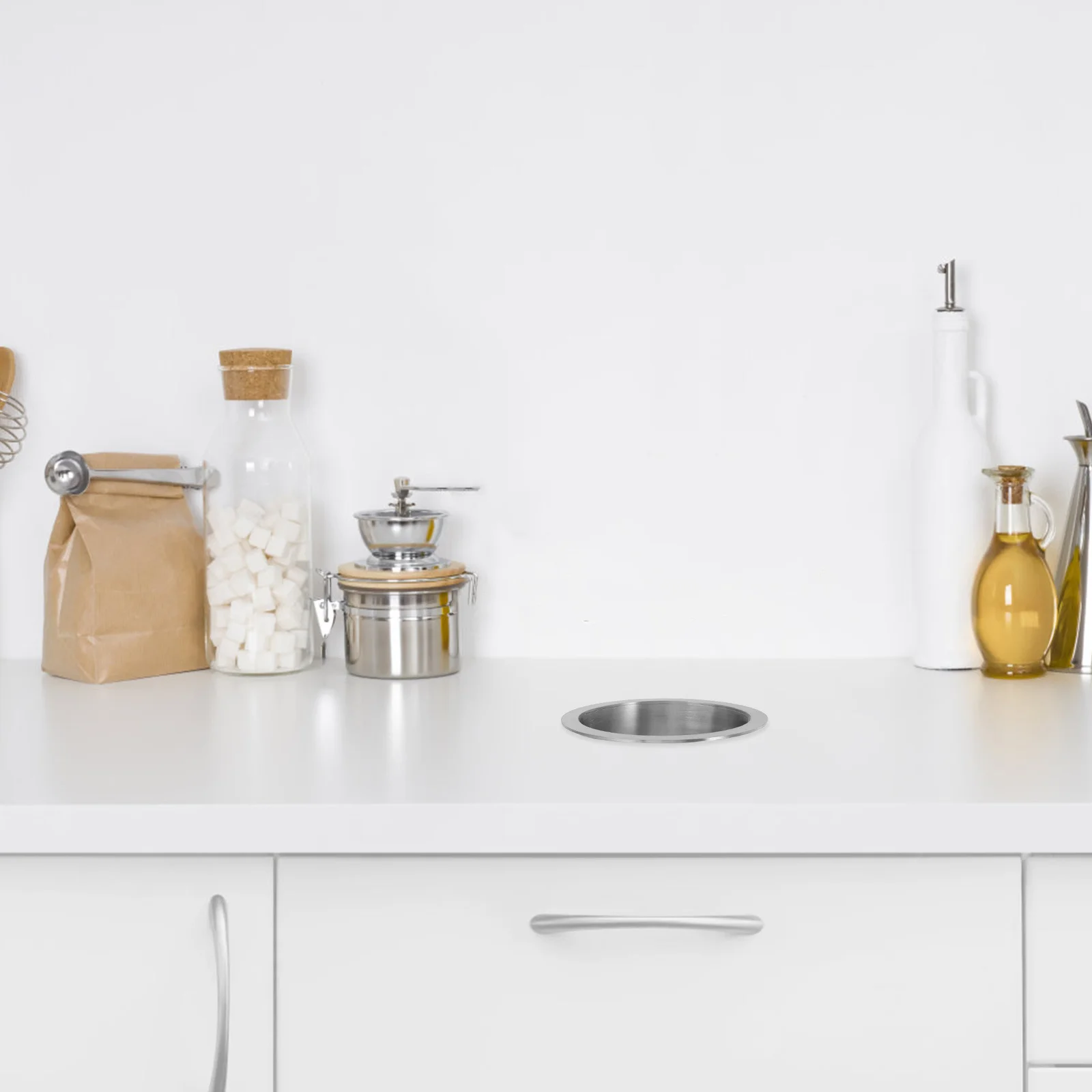 

Stainless Steel Trash Can Lid Round Countertop Recessed Cover For Kitchen Bathroom Built-In Flap Waste Bin Flush Mount