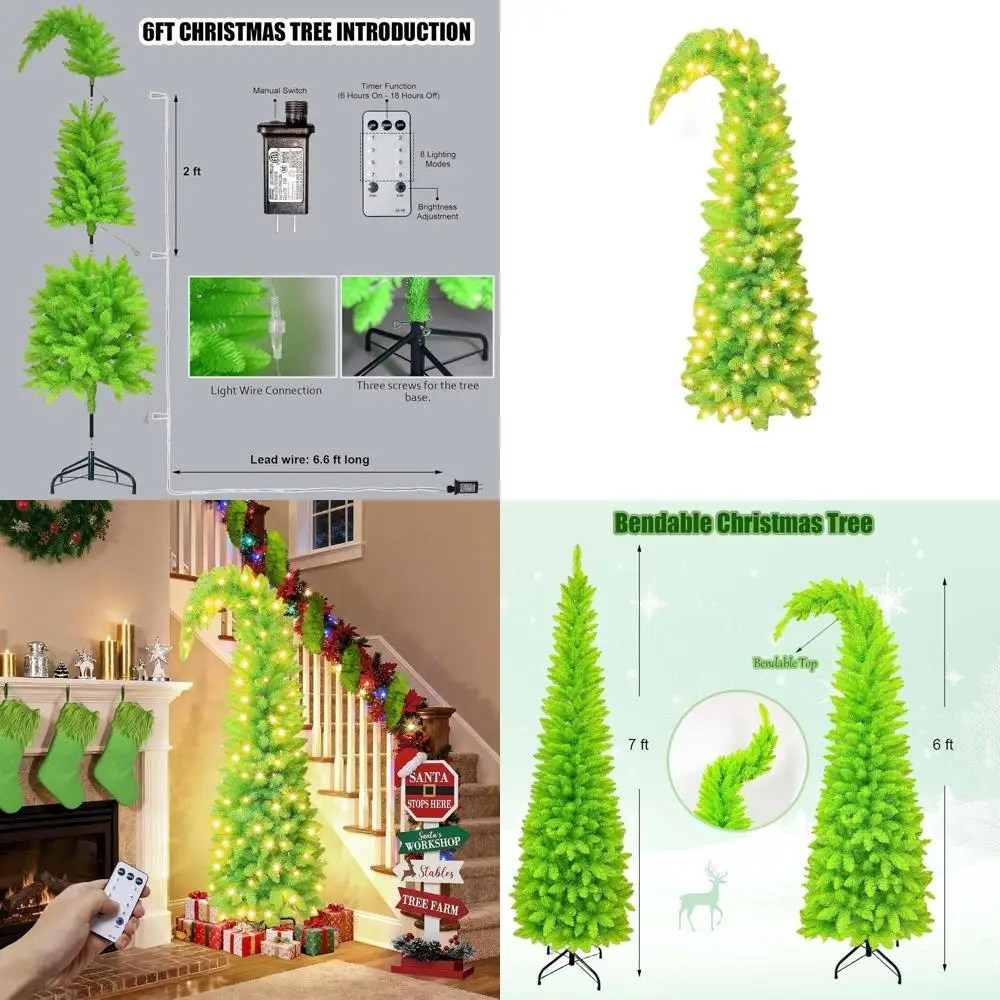 

7ft Pre-lit LED Christmas Tree, Whimsical Lime Green, Bendable, Remote Timer, Unique Artificial Decor for Home or Office